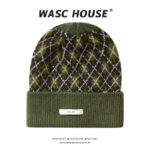 custom argyle jacquard cuffed knit beanie with thin woven label