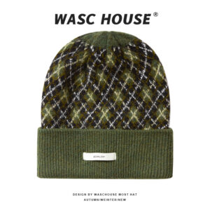 custom argyle jacquard cuffed knit beanie with thin woven label