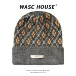 custom argyle jacquard cuffed knit beanie with thin woven label