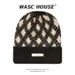 custom argyle jacquard cuffed knit beanie with thin woven label