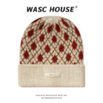 custom argyle jacquard cuffed knit beanie with thin woven label