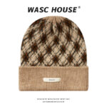 custom argyle jacquard cuffed knit beanie with thin woven label