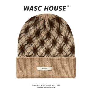 custom argyle jacquard cuffed knit beanie with thin woven label