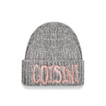 custom black multi tiny color speckle wool blend chunky vertical rib skull cap, wide fold cuff, large cream 3d foam puff embroidery brand text street casual winter hat