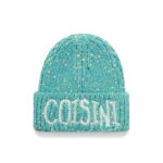 custom black multi tiny color speckle wool blend chunky vertical rib skull cap, wide fold cuff, large cream 3d foam puff embroidery brand text street casual winter hat
