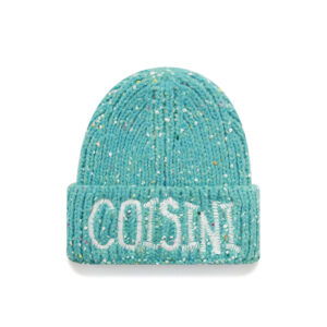 custom black multi tiny color speckle wool blend chunky vertical rib skull cap, wide fold cuff, large cream 3d foam puff embroidery brand text street casual winter hat
