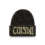 custom black multi tiny color speckle wool blend chunky vertical rib skull cap, wide fold cuff, large cream 3d foam puff embroidery brand text street casual winter hat