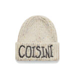 custom black multi tiny color speckle wool blend chunky vertical rib skull cap, wide fold cuff, large cream 3d foam puff embroidery brand text street casual winter hat