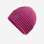 custom bright pink purple micro stripe vertical rib knitted skull cap, wide fold cuff, turquoise contrast spiral swirl embroidery minimal outdoor winter hat