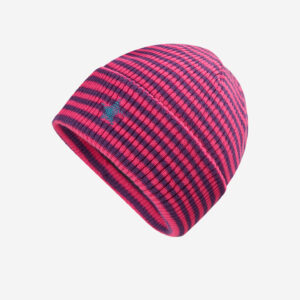 custom bright pink purple micro stripe vertical rib knitted skull cap, wide fold cuff, turquoise contrast spiral swirl embroidery minimal outdoor winter hat