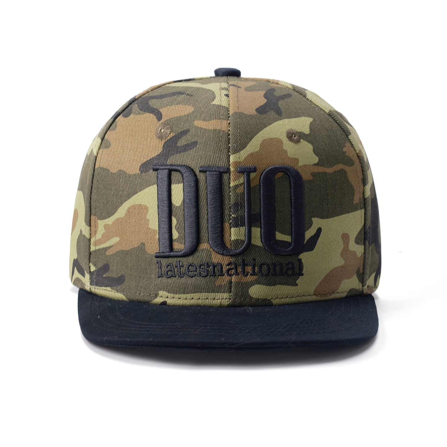 custom camo flat brim cap with 3d embroidery