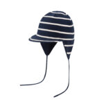 custom classic breton stripe rib knitted kids aviator hat, small flat front brim, two thin matching drawstring ties spring autumn windproof hat