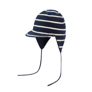 custom classic breton stripe rib knitted kids aviator hat, small flat front brim, two thin matching drawstring ties spring autumn windproof hat
