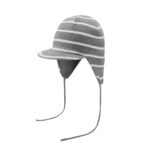 custom classic breton stripe rib knitted kids aviator hat, small flat front brim, two thin matching drawstring ties spring autumn windproof hat