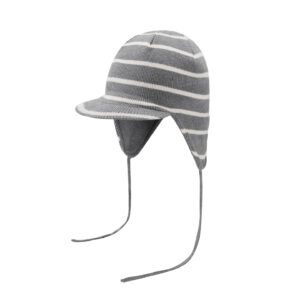 custom classic breton stripe rib knitted kids aviator hat, small flat front brim, two thin matching drawstring ties spring autumn windproof hat