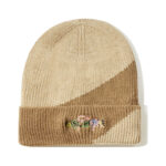 custom diagonal color block rib knit cuffed beanie floral patch embroidery