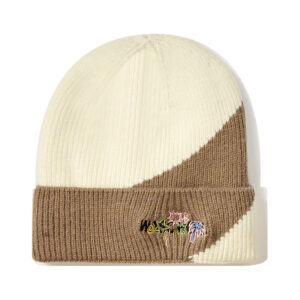 custom diagonal color block rib knit cuffed beanie floral patch embroidery