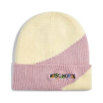 custom diagonal color block rib knit cuffed beanie floral patch embroidery