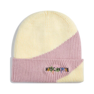 custom diagonal color block rib knit cuffed beanie floral patch embroidery