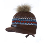 custom fair isle heart jacquard knit visor beanie large faux fur pom pom & ear tie tassels