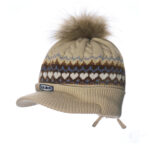 custom fair isle heart jacquard knit visor beanie large faux fur pom pom & ear tie tassels