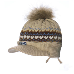 custom fair isle heart jacquard knit visor beanie large faux fur pom pom & ear tie tassels