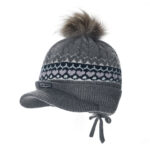 custom fair isle heart jacquard knit visor beanie large faux fur pom pom & ear tie tassels