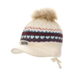 custom fair isle heart jacquard knit visor beanie large faux fur pom pom & ear tie tassels