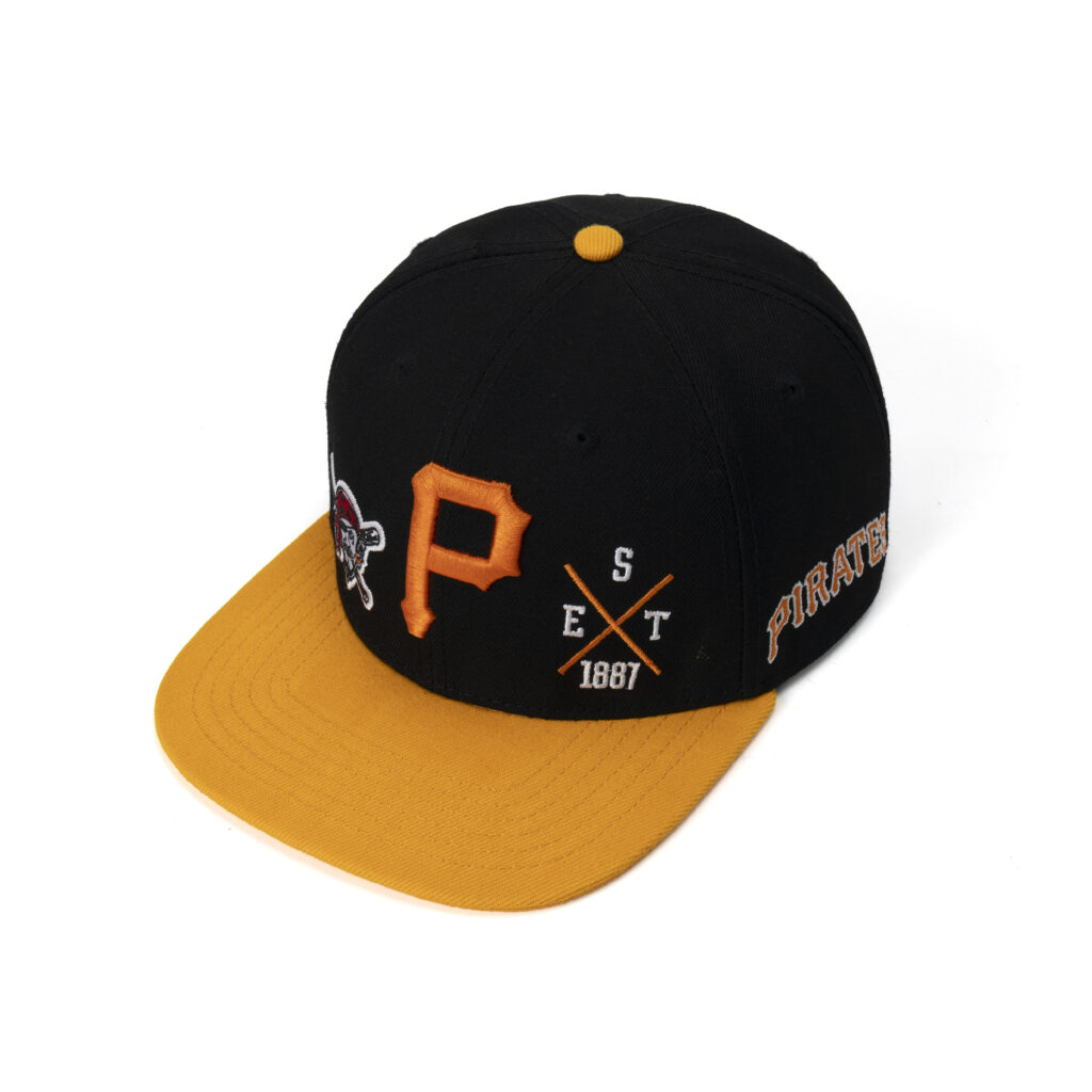custom flat brim cap with 3d pirate embroidery