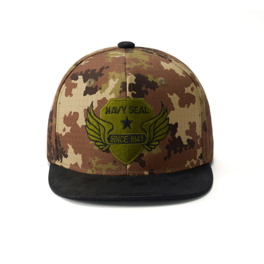 custom flat brim cap with camo patch embroidery and leather brim