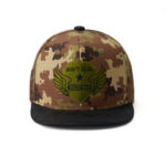 custom flat brim cap with camo patch embroidery and leather brim