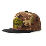 custom flat brim cap with camo patch embroidery and leather brim