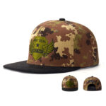 custom flat brim cap with camo patch embroidery and leather brim