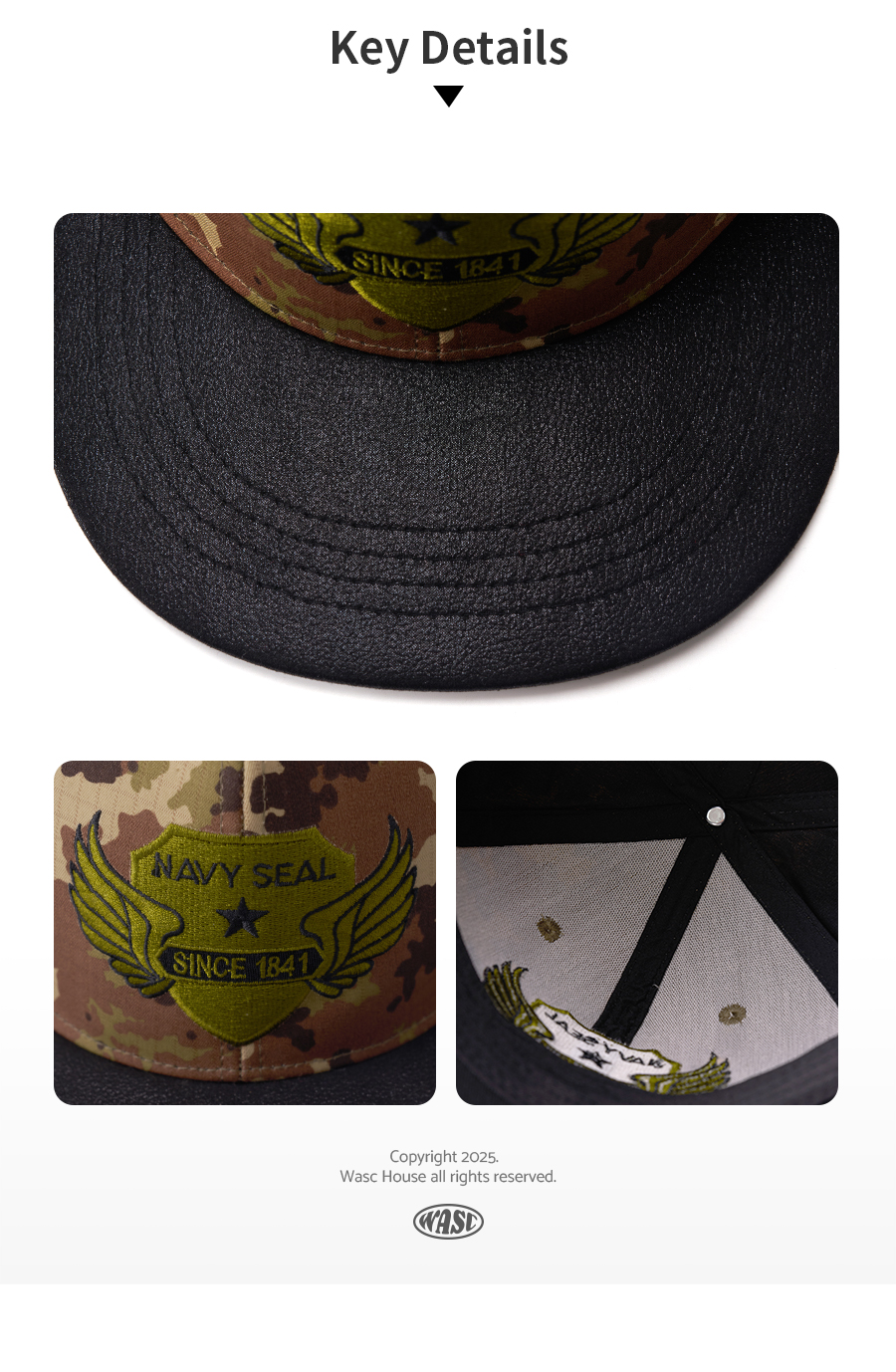 custom flat brim cap with camo patch embroidery and leather brim