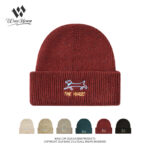 custom fleck speckled knit cuffed beanie with dachshund line embroidery & letter print