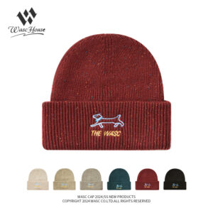 custom fleck speckled knit cuffed beanie with dachshund line embroidery & letter print