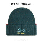 custom fleck speckled knit cuffed beanie with dachshund line embroidery & letter print