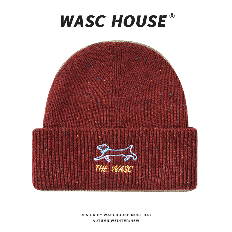 custom fleck speckled knit cuffed beanie with dachshund line embroidery & letter print