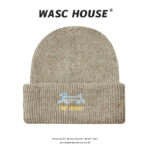 custom fleck speckled knit cuffed beanie with dachshund line embroidery & letter print