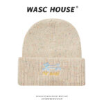 custom fleck speckled knit cuffed beanie with dachshund line embroidery & letter print