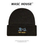 custom fleck speckled knit cuffed beanie with dachshund line embroidery & letter print