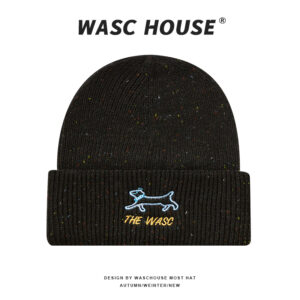 custom fleck speckled knit cuffed beanie with dachshund line embroidery & letter print