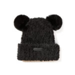custom fluffy faux fur cuffed beanie with dual round pom pom ears & oval rubber label