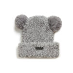 custom fluffy faux fur cuffed beanie with dual round pom pom ears & oval rubber label