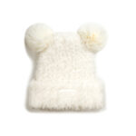 custom fluffy faux fur cuffed beanie with dual round pom pom ears & oval rubber label