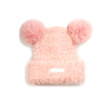 custom fluffy faux fur cuffed beanie with dual round pom pom ears & oval rubber label