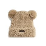 custom fluffy faux fur cuffed beanie with dual round pom pom ears & oval rubber label