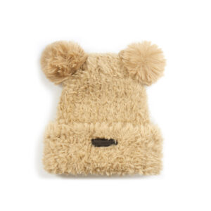 custom fluffy faux fur cuffed beanie with dual round pom pom ears & oval rubber label