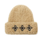 custom fluffy faux fur cuffed beanie with triple four leaf motif embroidery