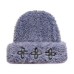 custom fluffy faux fur cuffed beanie with triple four leaf motif embroidery